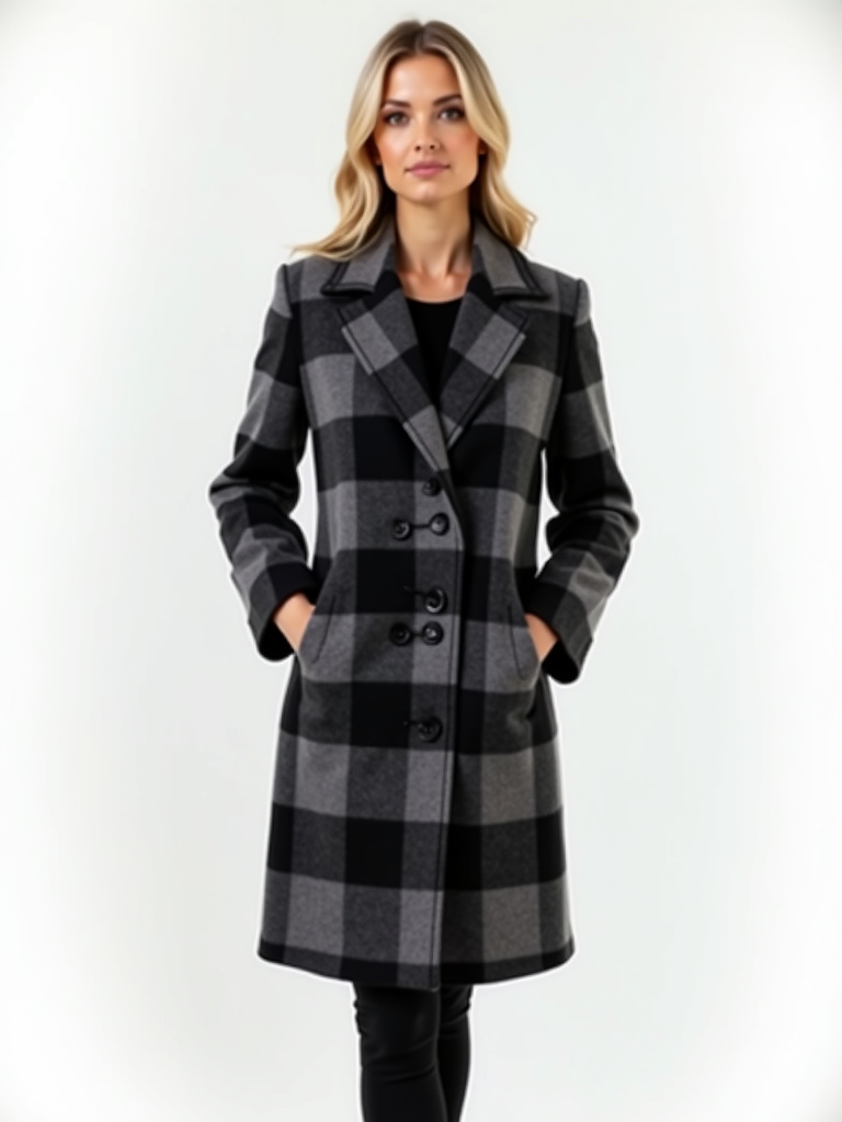 Manteau en laine à carreaux noir et gris